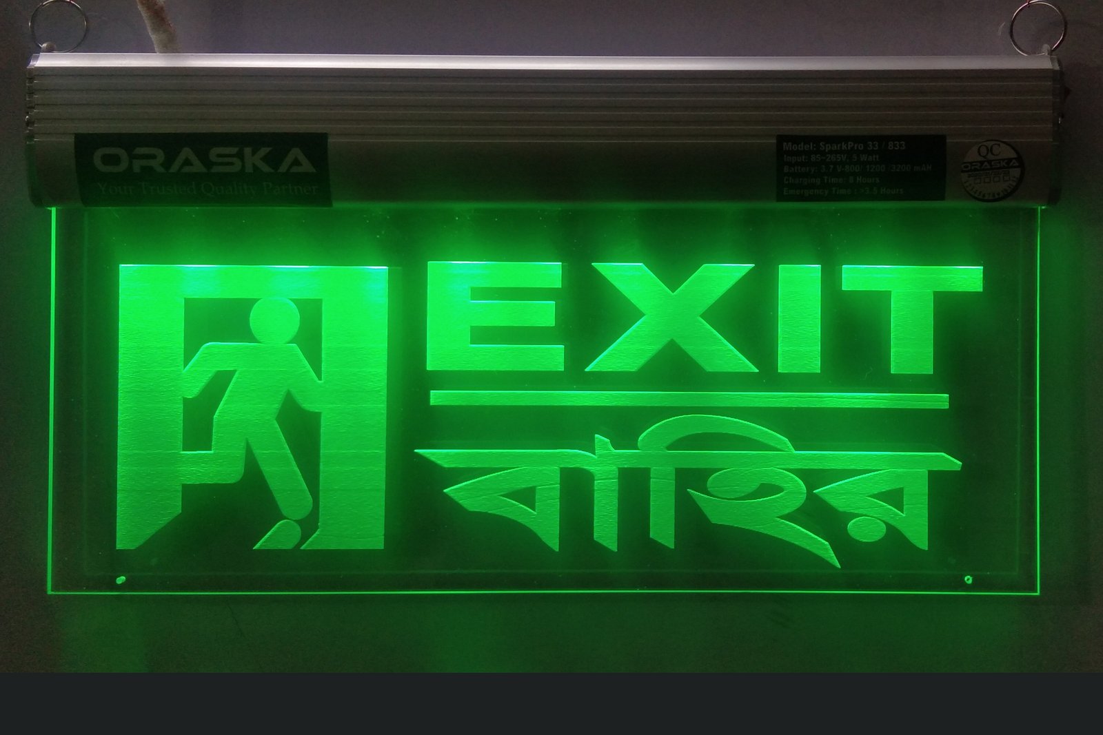 ORASKA Emergency Exit Sign Light SparkPro A-33 14 by 8 inch Clear EXIT Bahir Man Sign