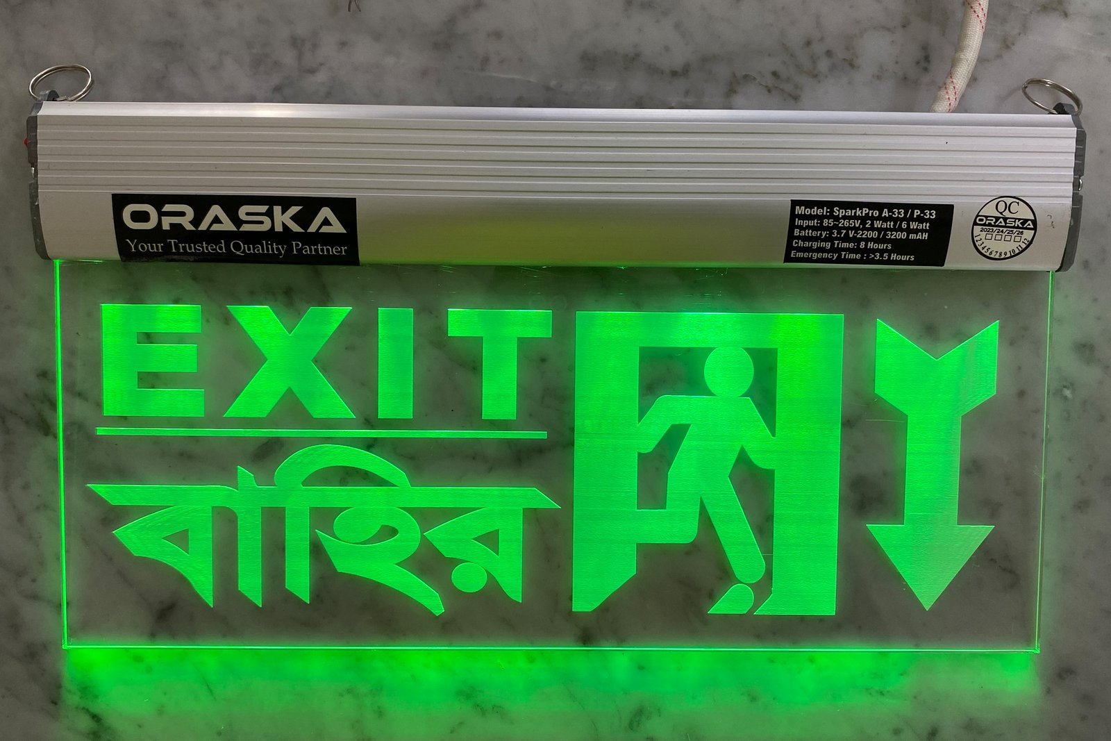 ORASKA Emergency Clear Exit Sign Light SparkPro A-33 Exit Man Down Arrow 14 by 8 inch