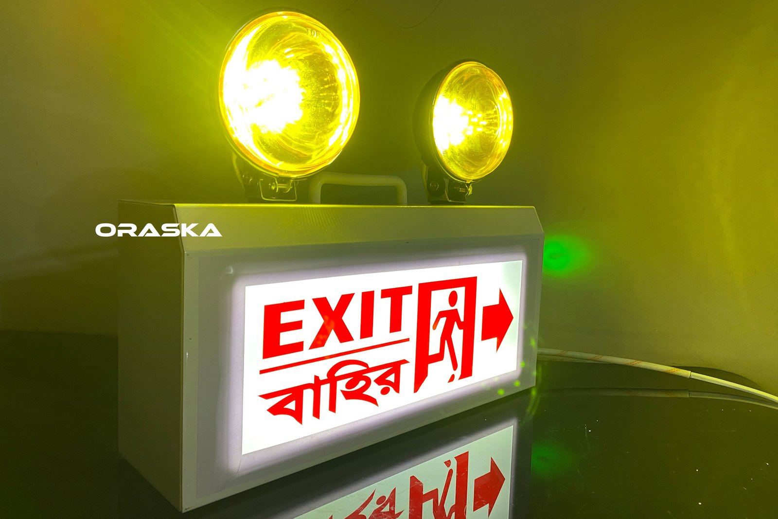 Emergency 24Watt Combo Yellow Fog Light with super bright 6Watt White Right Arrow Exit Sign Light-ORASKA EXF3297 with 4-5hrs Battery Backup