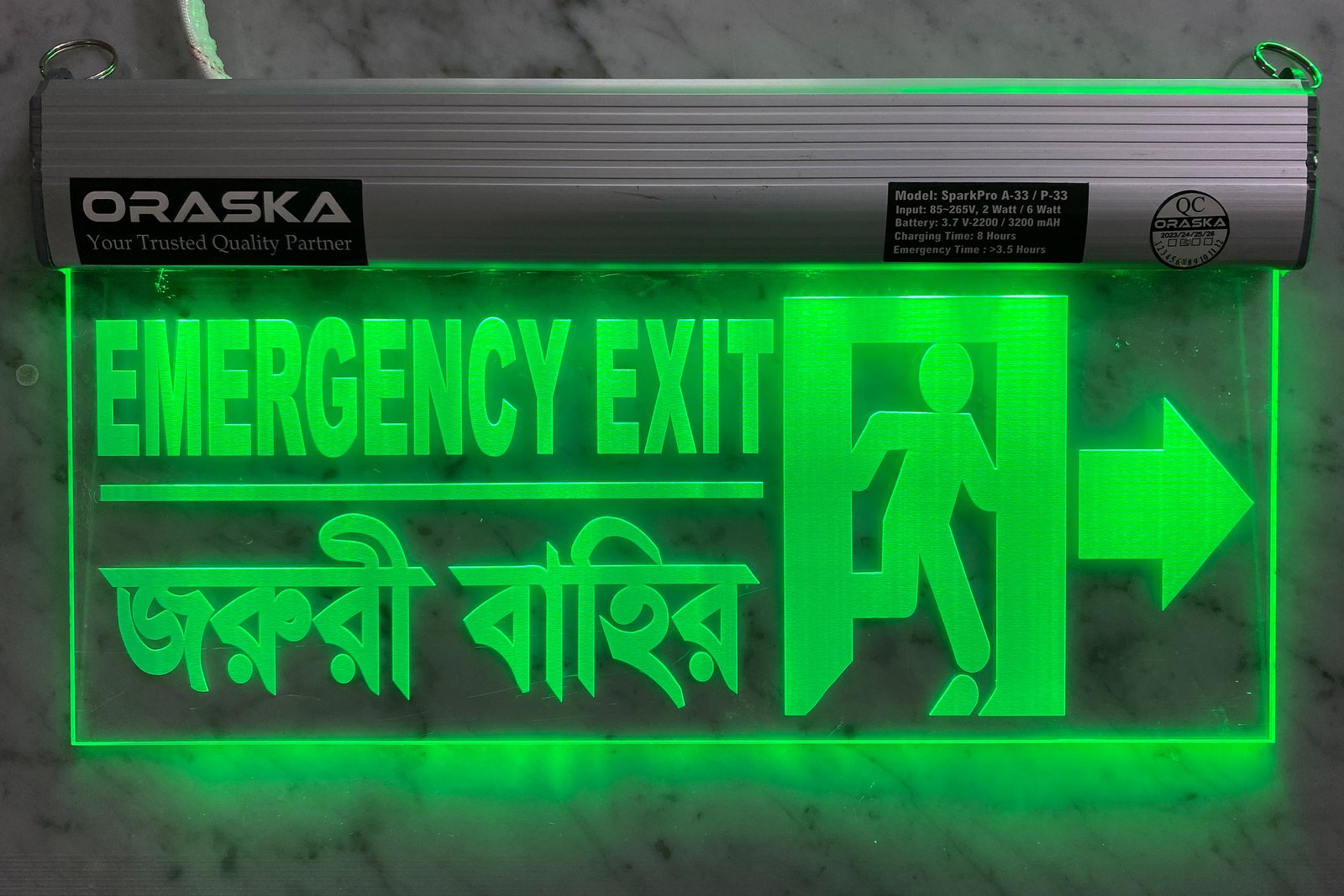 ORASKA Emergency Exit Sign Light SparkPro A-33 14 by 8 inch Clear Exit Sign Fire Door Right Arrow