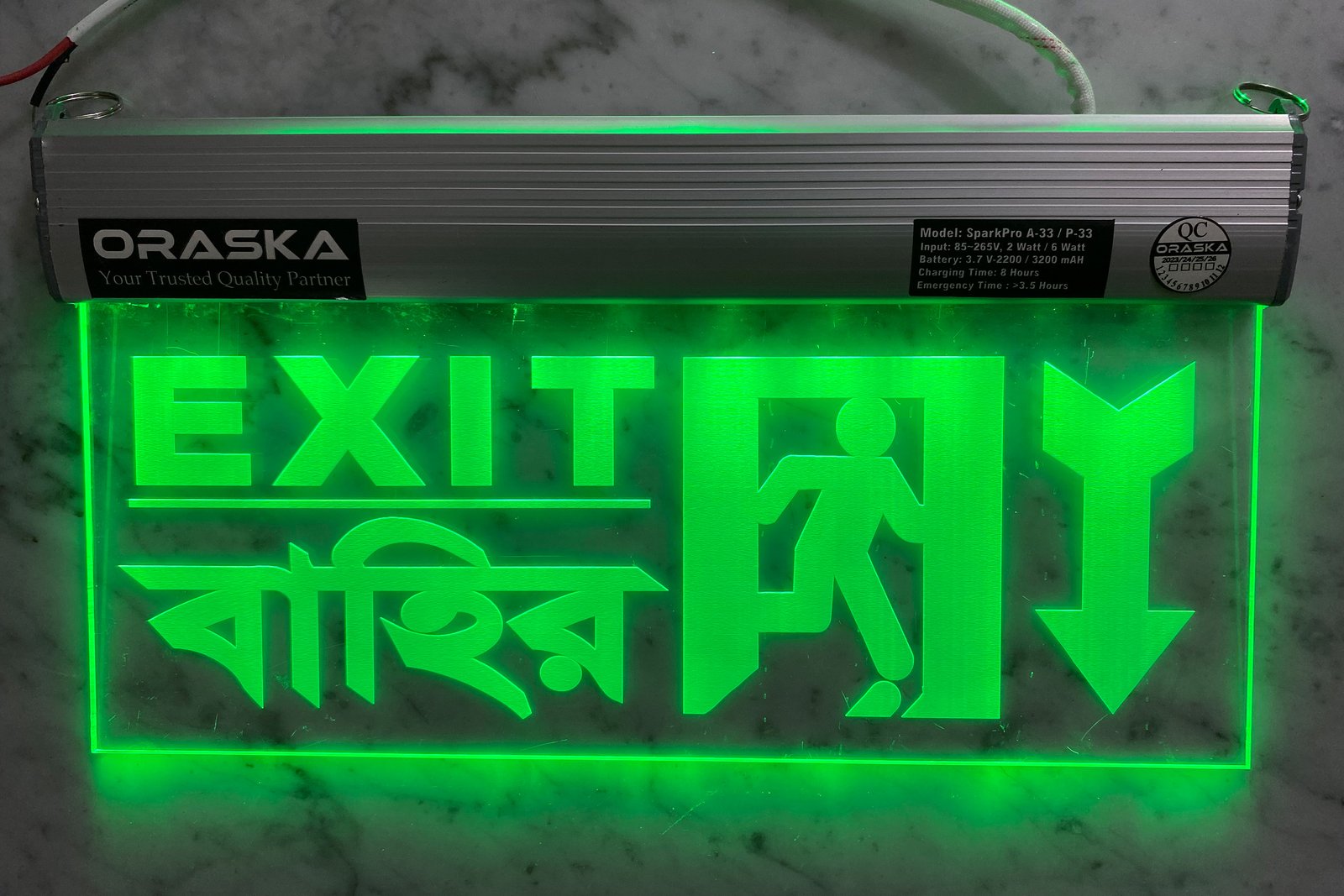 ORASKA Emergency Exit Sign Light SparkPro A-33 14 by 8 inch Clear Exit Down arrow exit