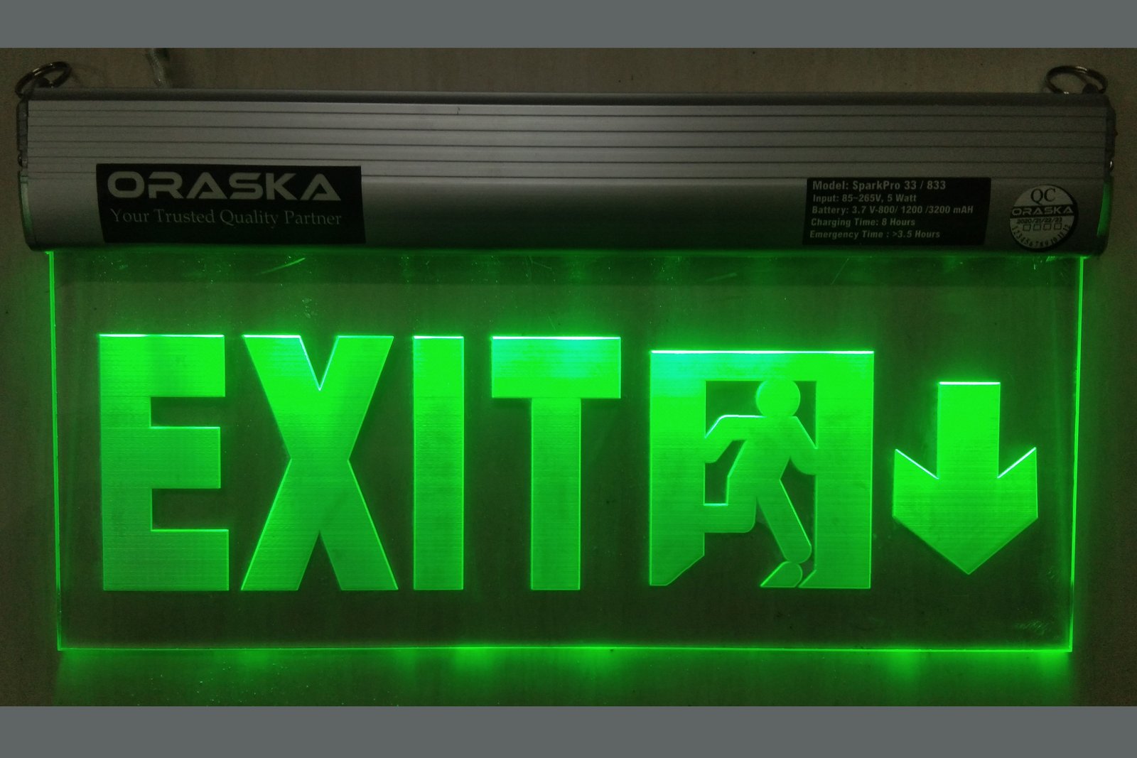 ORASKA Emergency Clear Exit Sign Light SparkPro A-33 Exit down Side Arrow 14 by 8 inch