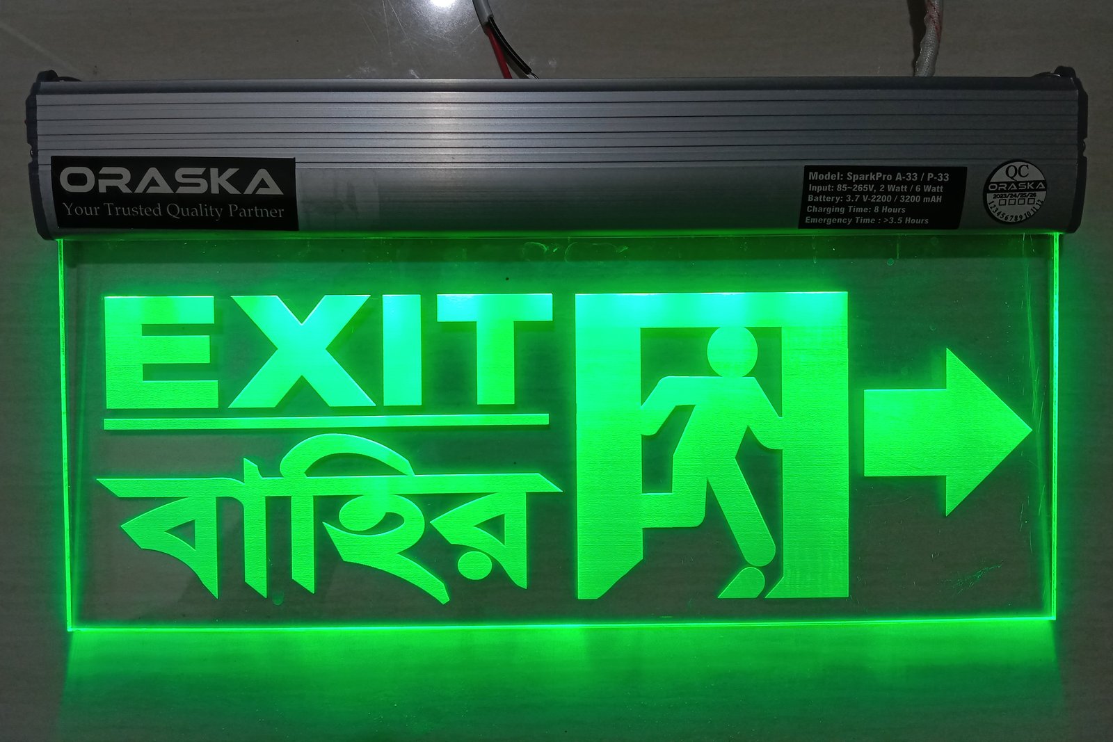 ORASKA Emergency Exit Sign Light SparkPro A-33 14 by 8 inch Clear EXIT Bahir Right Arrow 4-5 hrs backup