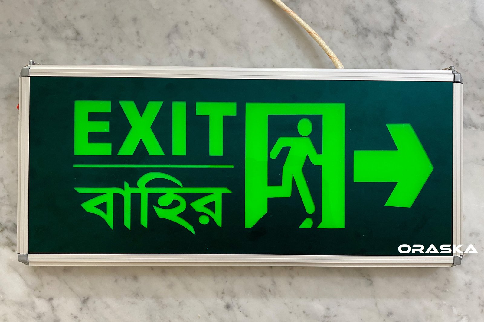 ORASKA SparkPro G-2616 MEGA – 18x8 inch Emergency Exit-Bahir-Man-Arrow LED Sign Light, Thin Design, 7W, UL NFPA Standard