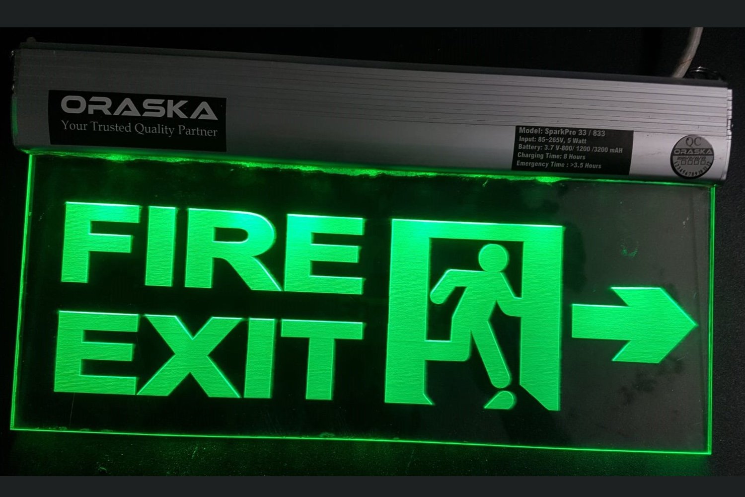ORASKA Emergency Clear Exit Sign Light SparkPro A-33 Fire Exit Right 14 by 8 inch