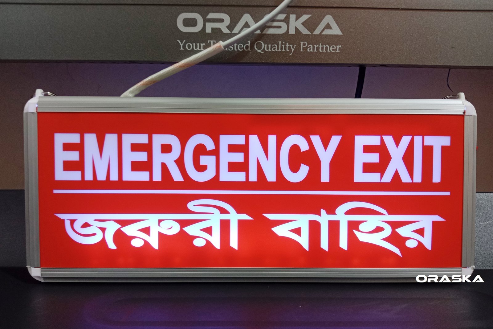 ORASKA SparkPro W-2616 – 14×6×1 inch UL Standard World’s Best Super Bright 7W Dual-Sided Red-White Emergency Exit Joruri Bahir Sign, 500-550 LUX, 3-4 Hr Backup