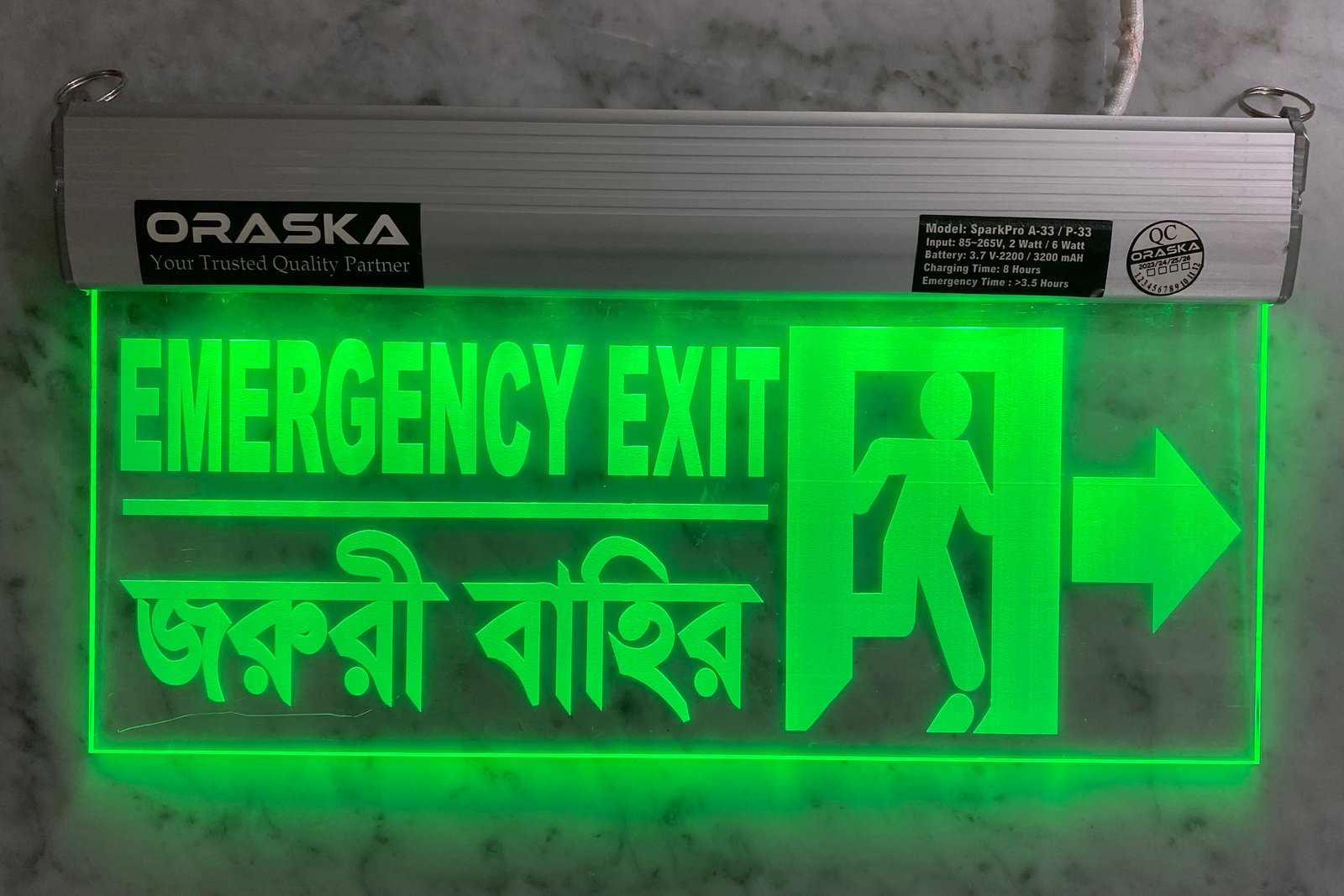 ORASKA Emergency Exit Sign Light SparkPro A-33 14 by 8 inch Clear Exit Bahir Right Arrow