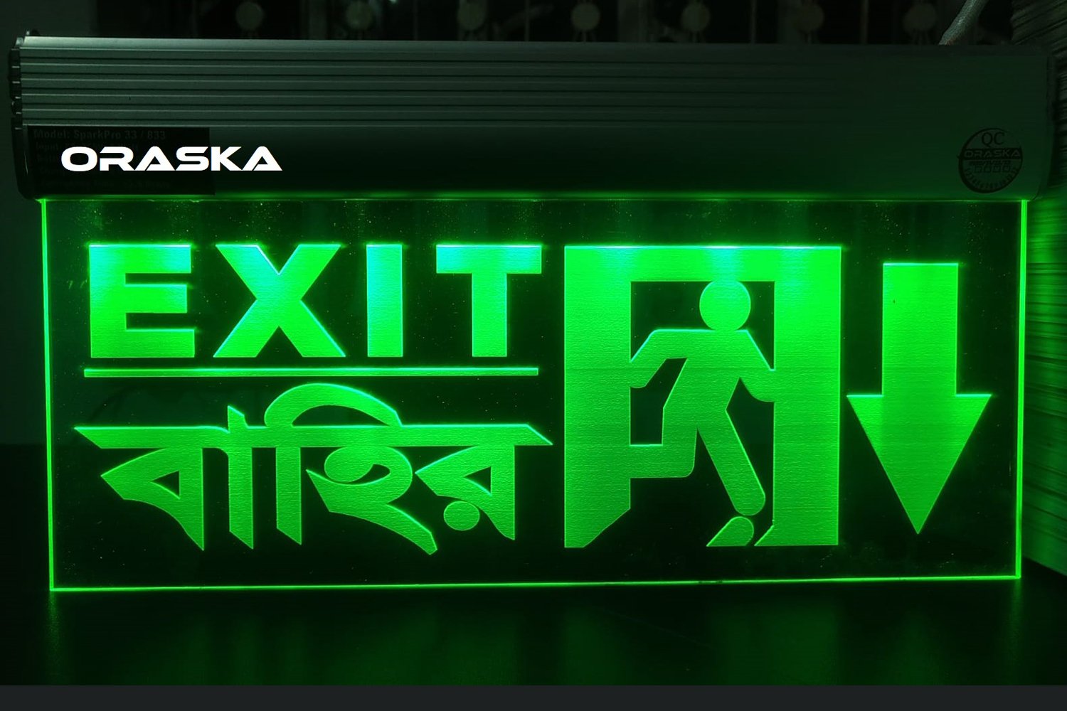 ORASKA Emergency Exit Sign Light SparkPro A-33 14 by 8 inch Clear Exit Man Down Arrow
