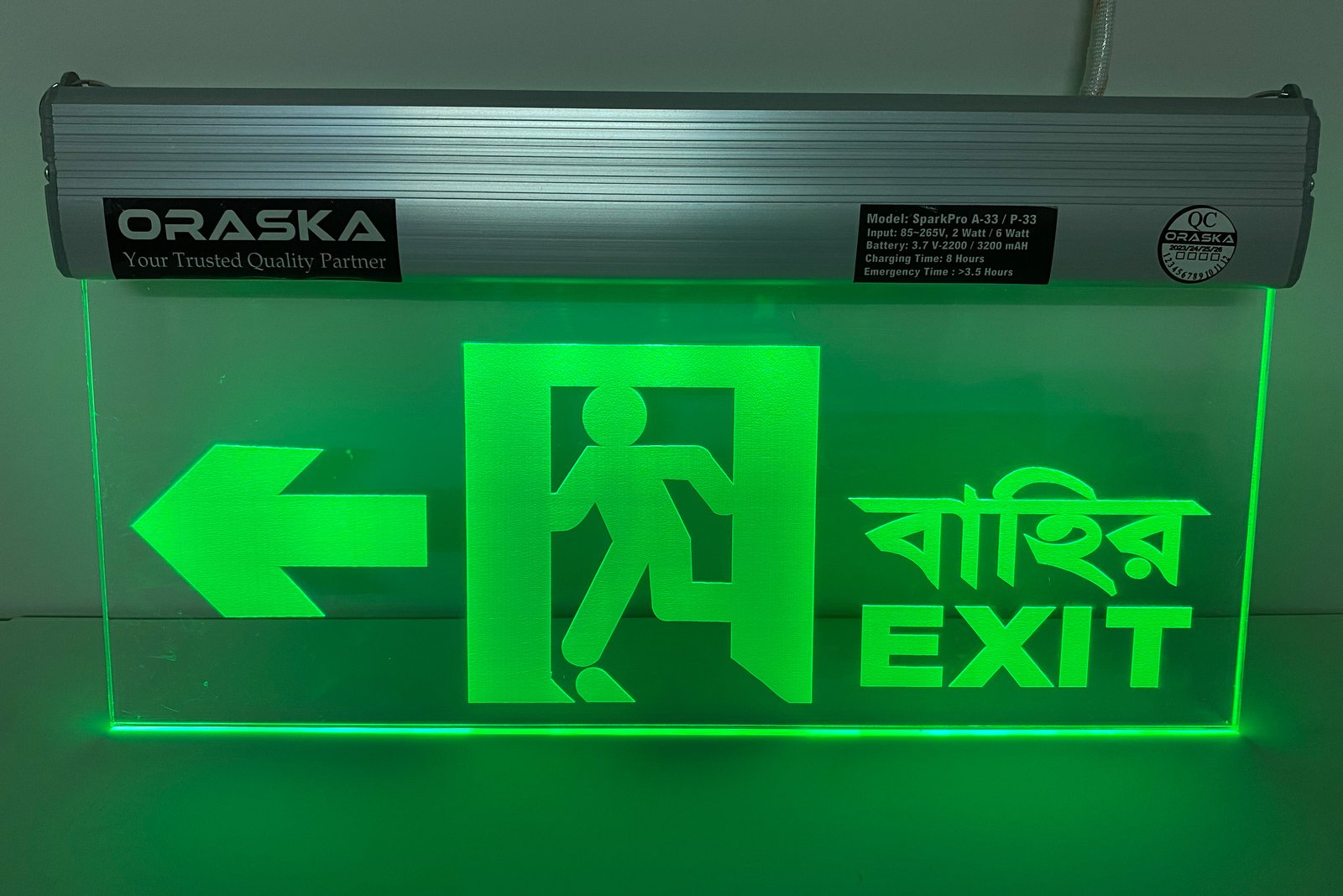 ORASKA Emergency Exit Sign Light SparkPro A-33 14 by 8 inch Clear Exit Bahir Left Arrow