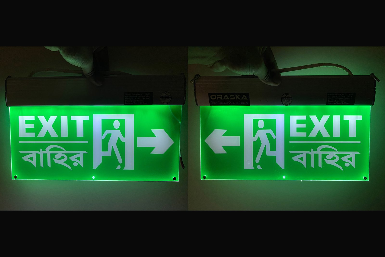 Emergency Exit Sign Light Both Side View ORASKA Bangladesh