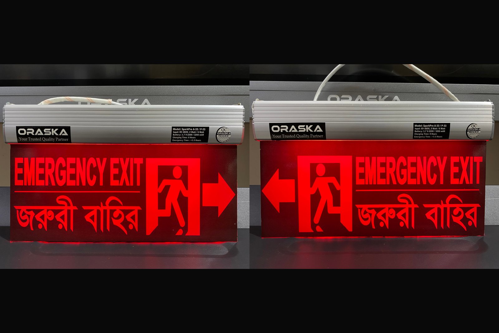 Emergency Red Exit Sign Light Both Side View ORASKA Bangladesh