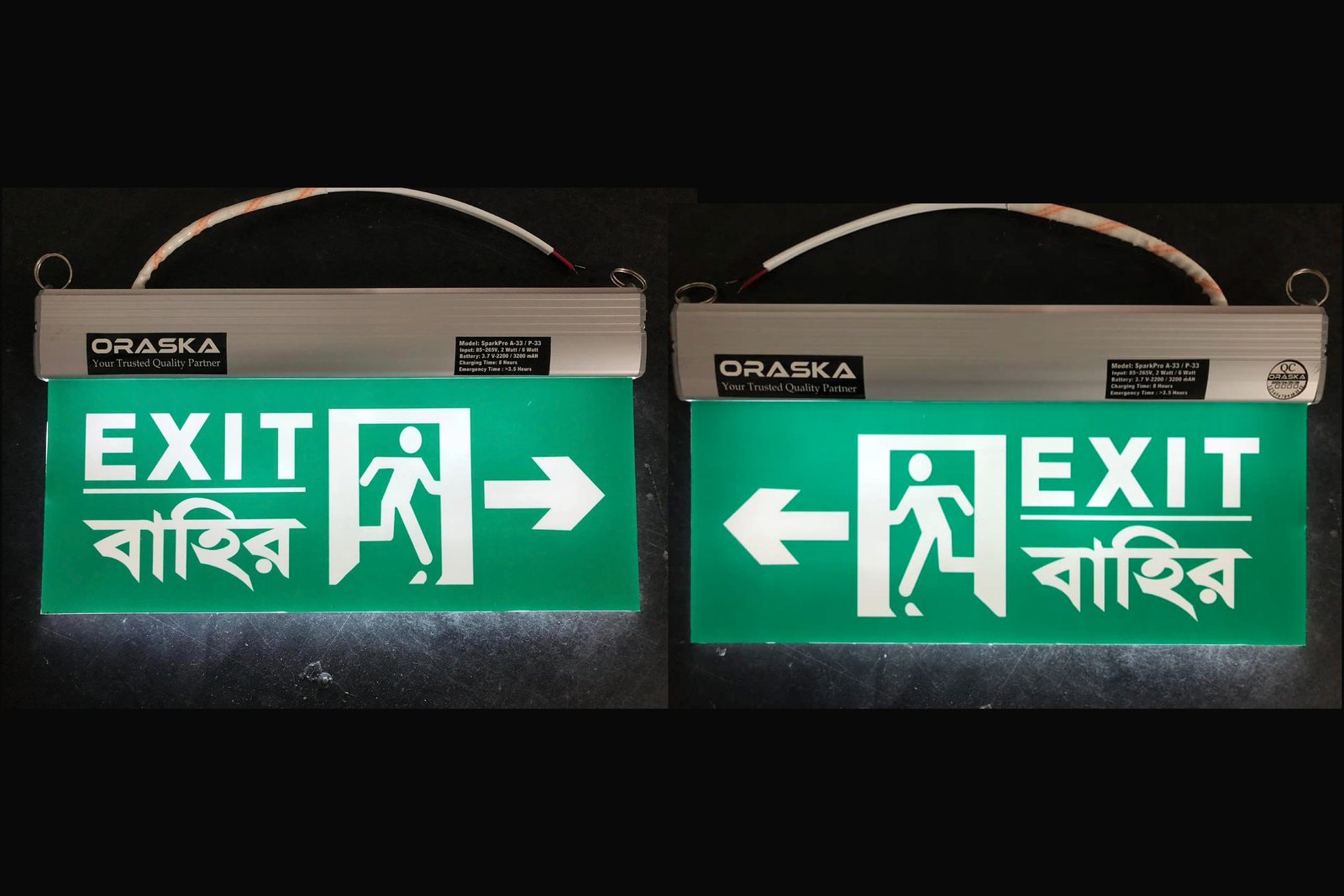 Green Exit Man Arrow sign Light Both Side View ORASKA Bangladesh SparkPro P33