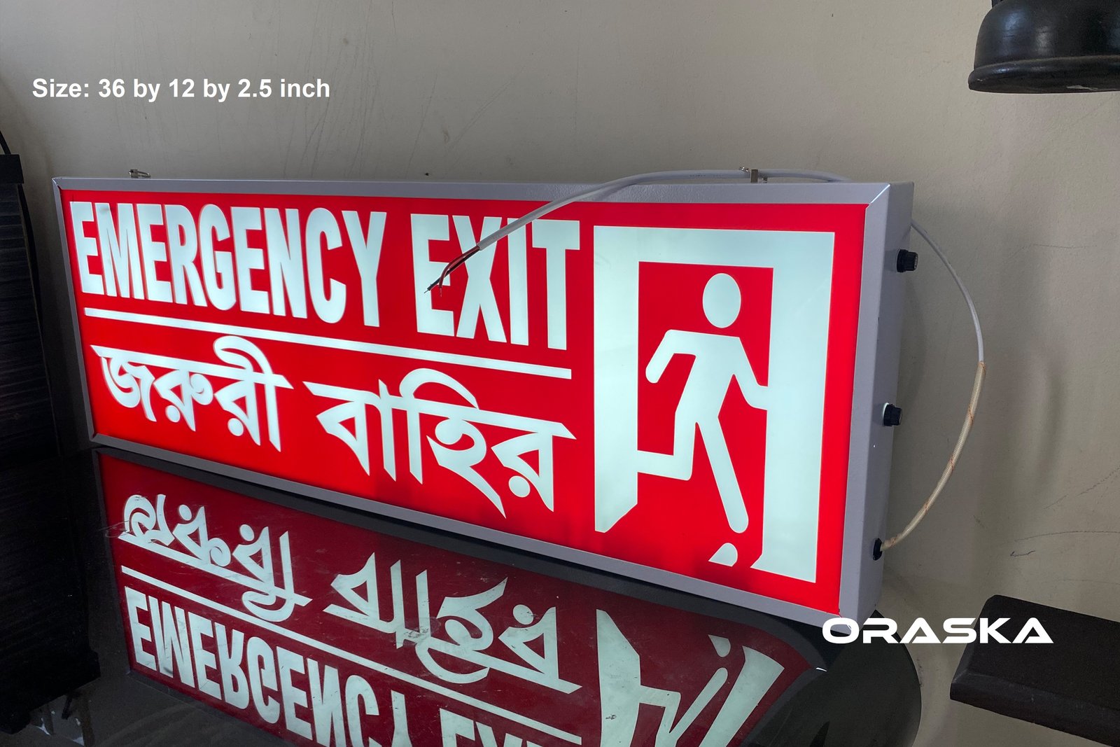 Red Emergency Exit Sign Light Box 36 by 12 inch 4 hrs backup 2 years warranty